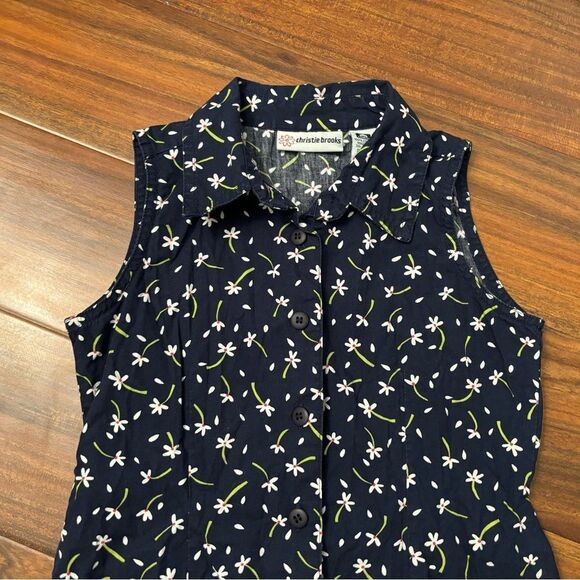 Christie Brooks vintage navy white floral button down collared sleeveless dress - Picture 3 of 6